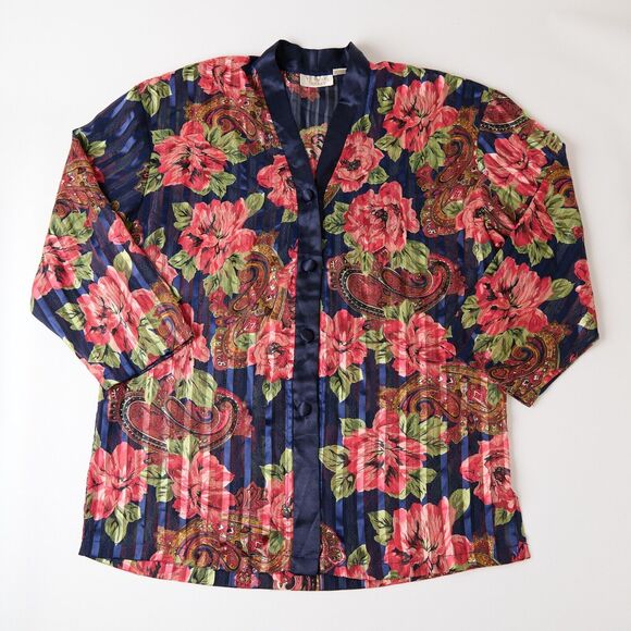 Vtg Victoria’s Secret Gold Label Night Shirt Sz S 90s Navy Paisley Floral Button - Picture 1 of 10